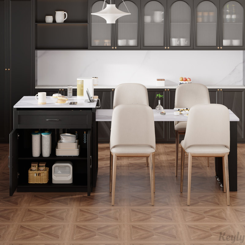 Îlot de cuisine avec table de salle à manger extensible, rangement 2 tiroirs et 2 tablettes latérales ouvertes