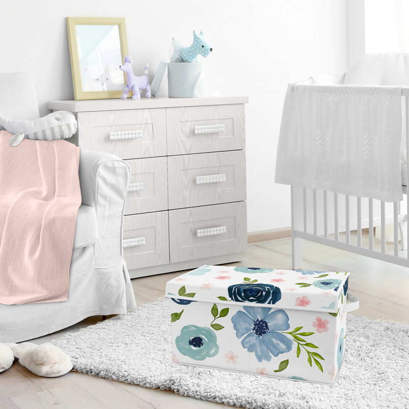 Blue and Pink Floral Fabric Storage Toy Bin with Lid