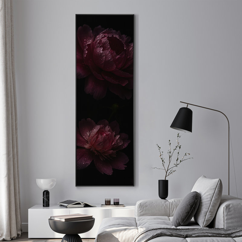 Très grande reproduction d'art mural floral foncé - pivoine bourgogne romantique, décoration botanique pour salon ou chambre à coucher, assemblage requis