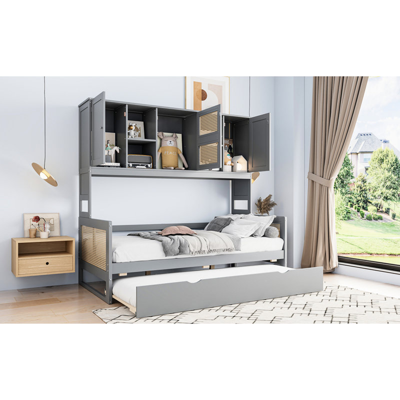 Lit de jour simple avec lit gigogne et tablette en gris