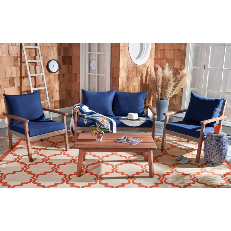 Arline Acacia 4 - Person Patio Conversation Set with Cushions, Natural/Navy