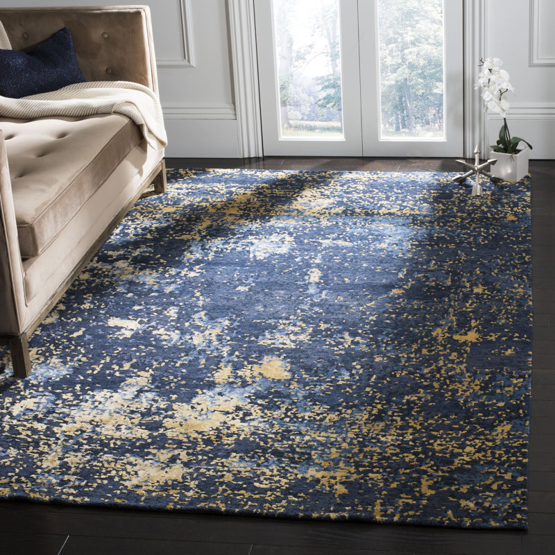 Tapis bleu marine / doré en laine / coton / viscose Tiffany, Rectangle 6 pi x 9 pi