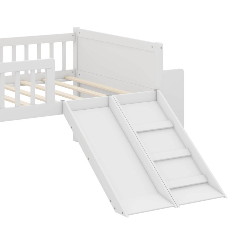 Structure de lit simple avec tablette de rangement intégrée, lit en bois avec glissoire, échelle et barrière de sécurité