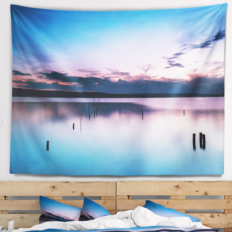 Tapisserie avec accessoires suspendus en tissu de mer de coucher de soleil sur lake, H 68 po x l 80 po