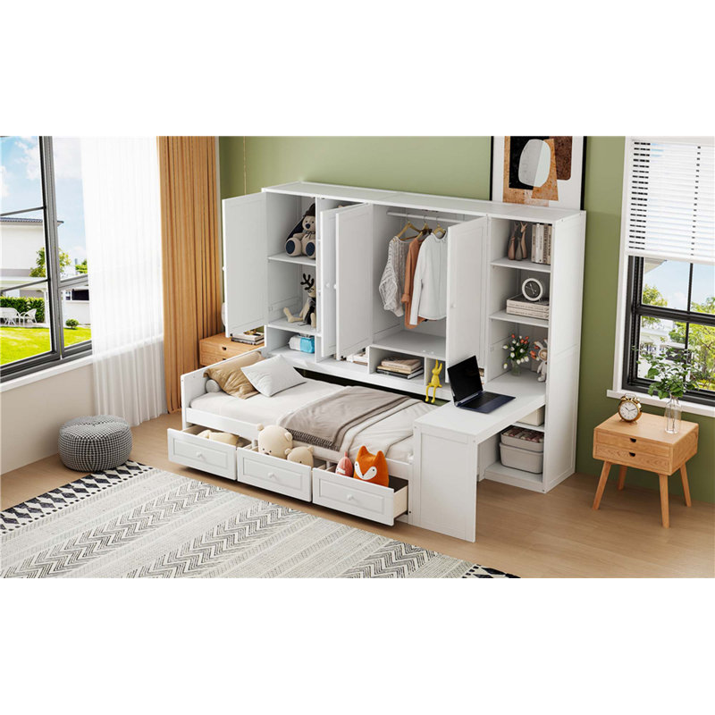 Lit de jour en bois avec trois tiroirs, armoire tout-en-un, bureau et tablettes, Lit simple, Blanc