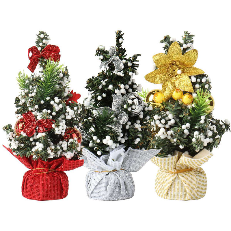 Ensemble de 3 mini sapins de table artificiels avec décorations, Rouge / jaune / blanc