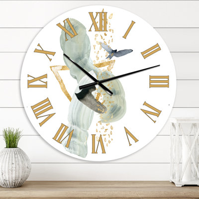 Abstrait montagne dorée avec lune et oiseau - horloge murale moderne