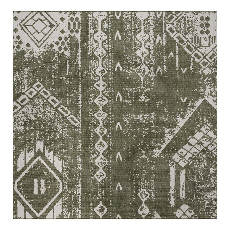 Braeleigh Geometric Machine Woven Rectangle 9'10" x 13' Polypropylene Indoor / Outdoor Area Rug in Green/Ivory, Square 10'8"