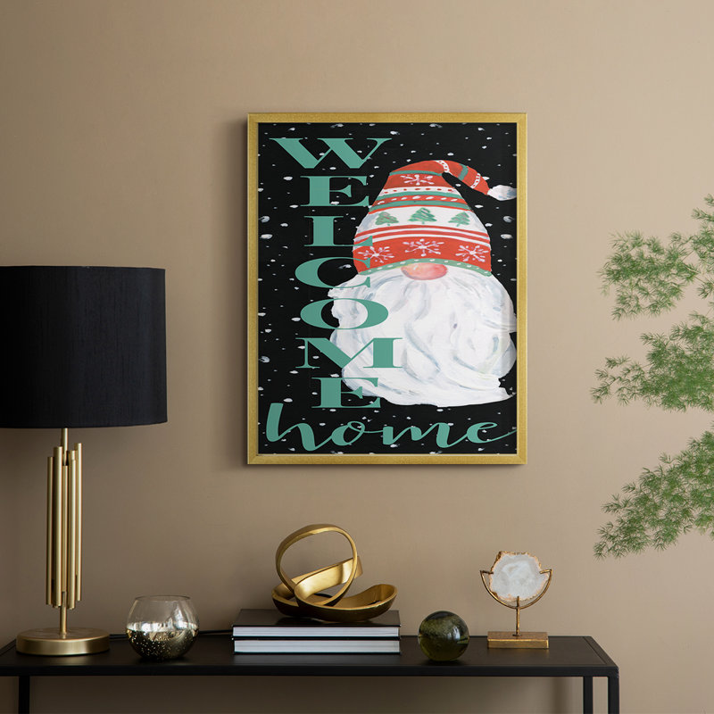 Welcome Home Gnome, reproduction encadrée - bois massif, H 21 po x l 17 po, Doré