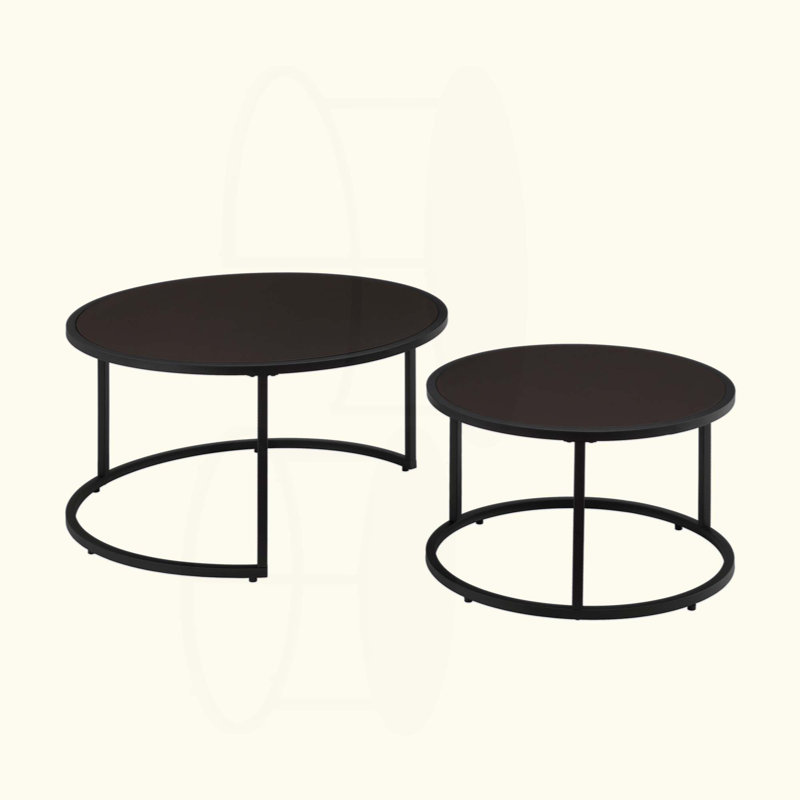 Set of 2 Modern Nesting Round Coffee Table, Faux Leather Accent Tea Table with Metal Base for Living Room