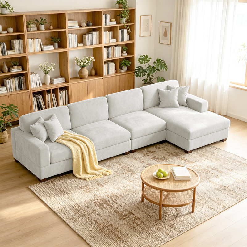 4 - Piece Upholstered Offehite Chenille Modular Sectional Sofa with Armrests & Throw Pillows, Right Hand Facing