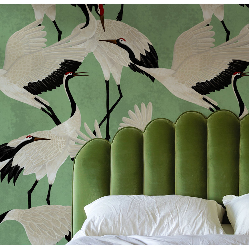 Green Herons Chinoiserie Wallpaper White