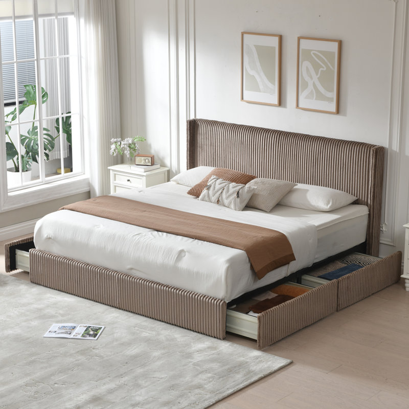 Upholstered Wingback Bed With 4 Storage Drawers, Brown, King