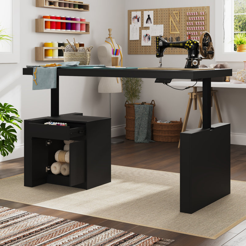 Height Adjustable Craft Table With Storage Cabinet