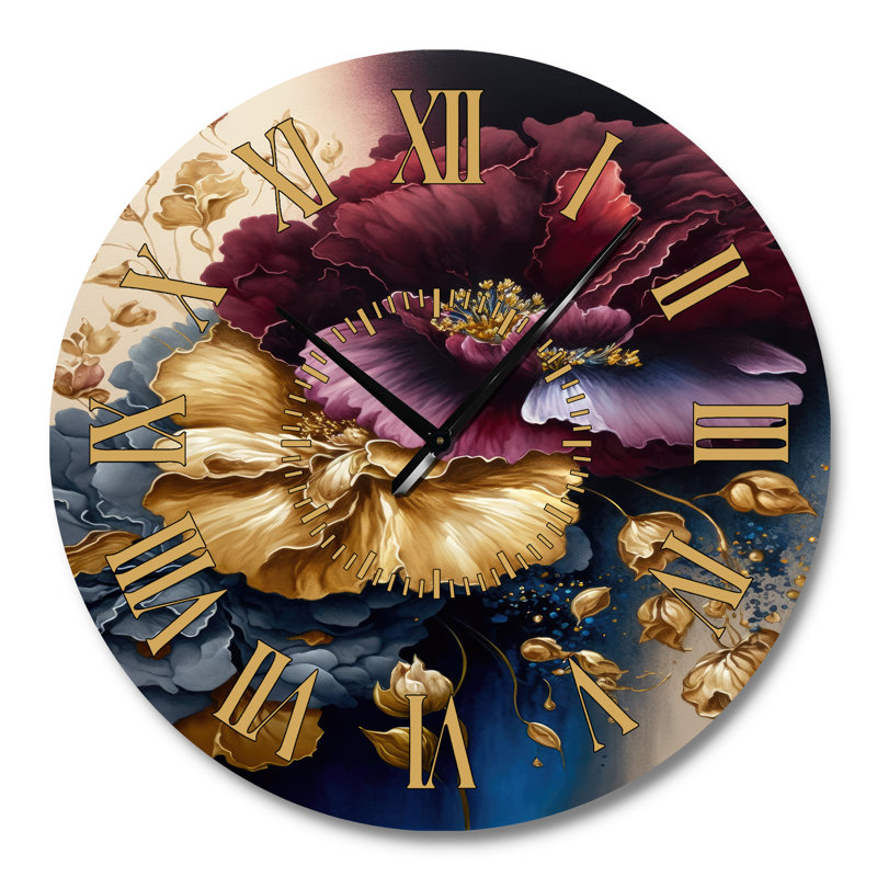 Horloge murale bourgogne et bleue Floral Bunch I - Floral & Botanical, Grand