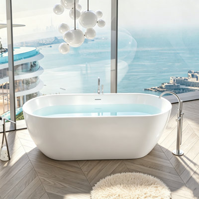 59" x 30" Freestanding Soaking Solid Surface Bathtub Stone Resin Bath Tub with Overflow and Pop-up Drain for Contemporary Bathroom, Glossy White