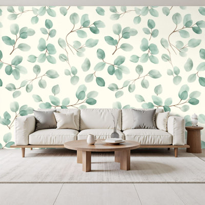 Papier peint adhésif moderne à motif aquarelle de feuilles d'eucalyptus vert H 100 po x l 144 po, papier peint amovible en PVC pour décoration de chambre à coucher