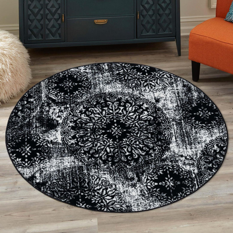 Tapis floral Brandt, Rond 5 pi 1 po, Noir / blanc