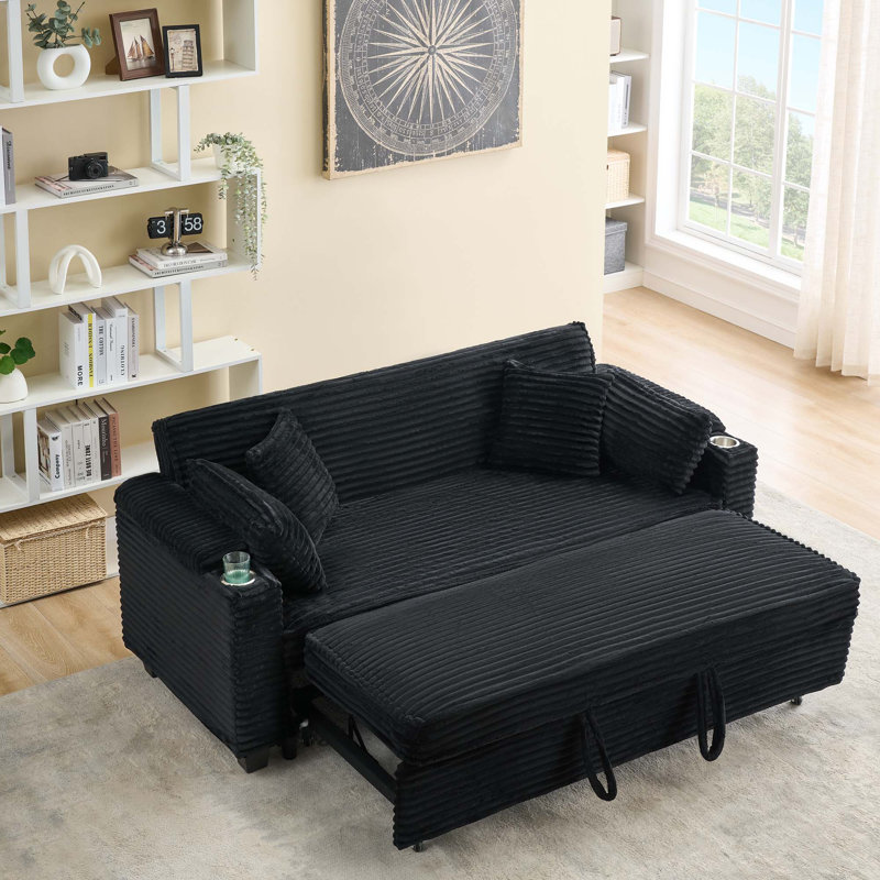 Canapé-lit extensible multifonctionnel en velours côtelé 80 pouces avec porte-gobelet, Noir