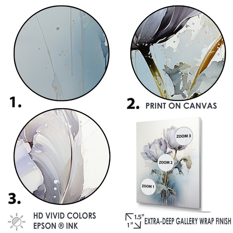 Tulipe grise sur un support sur toile, H 40 po x l 30 po x P 1,5 po, Cadre flottant doré