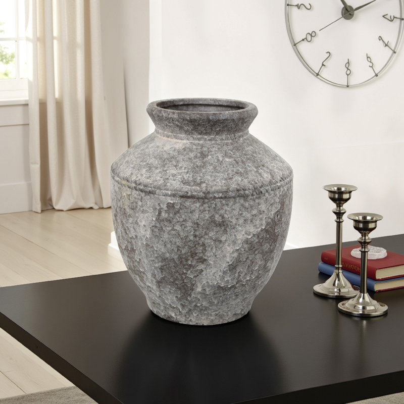Vase décoratif, céramique brun-gris antique, forme de pot moderne, 16 pouces