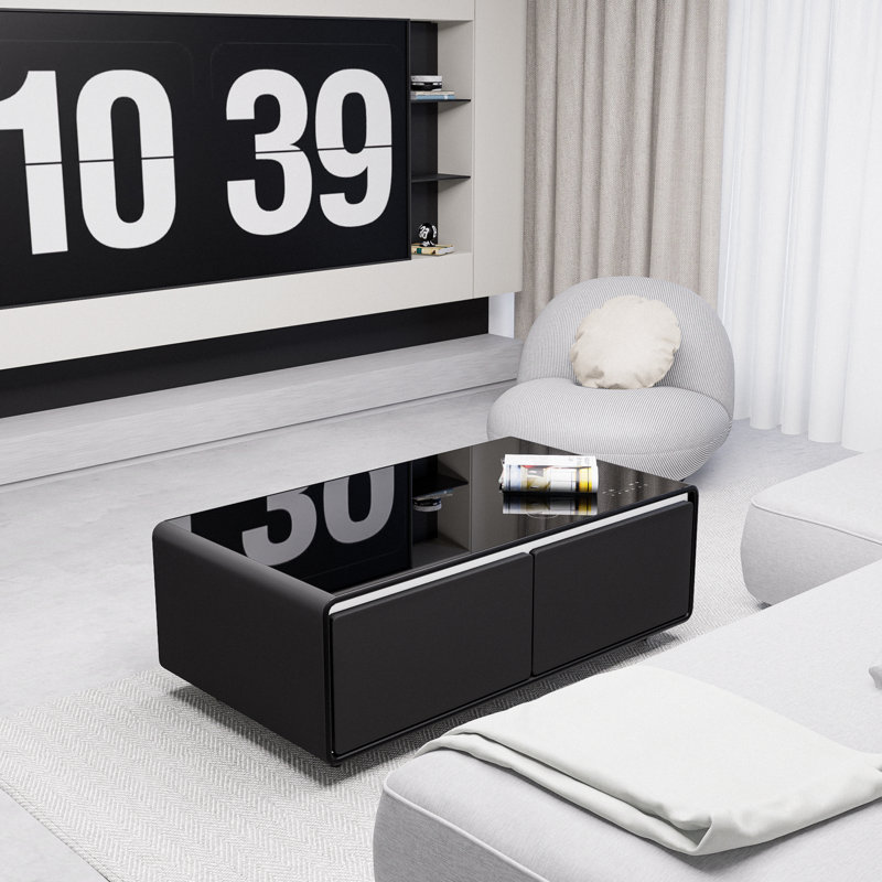 Black High Gloss Smart Coffee Table with Storage and Built-in Fridge