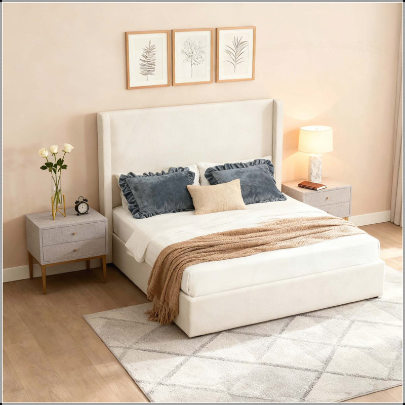 Carmen Upholstered Wingback Bed with 52.3\, Ivory