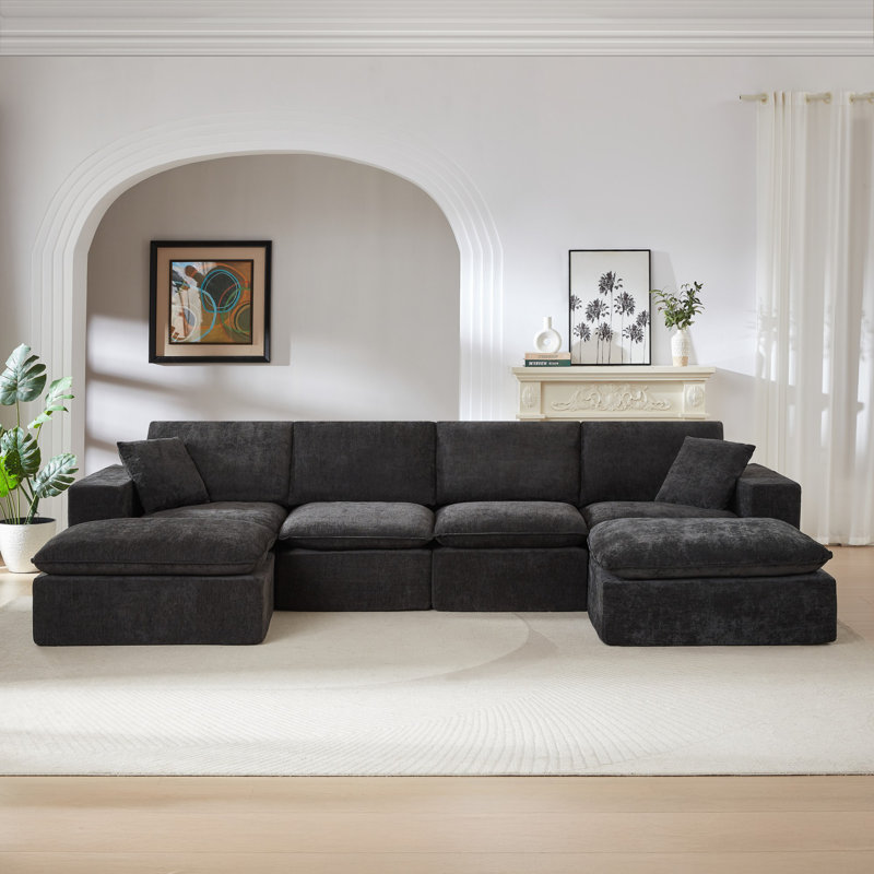 Canapé modulaire en forme de U 137,89 "avec repose-pieds amovible, Chenille noir