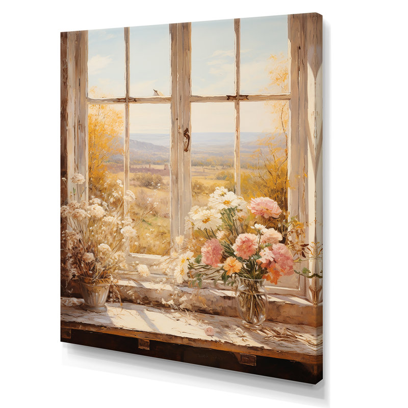 Art floral rétro sur les prairies, vue de fenêtre 3, H 32 po x l 16 po x P 1 po, Toile tendue