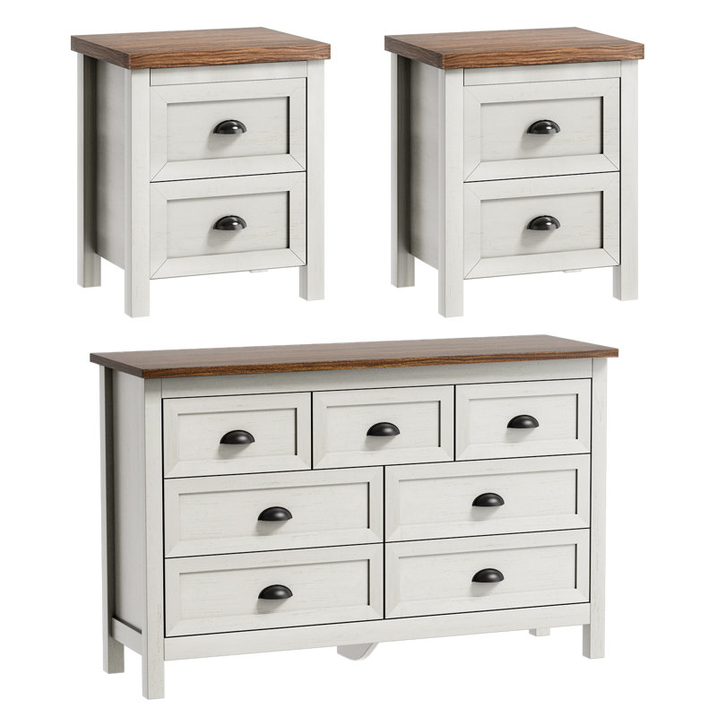 Ensemble de chambre à coucher 3 pièces, commode 7 tiroirs et 2 tables de chevet