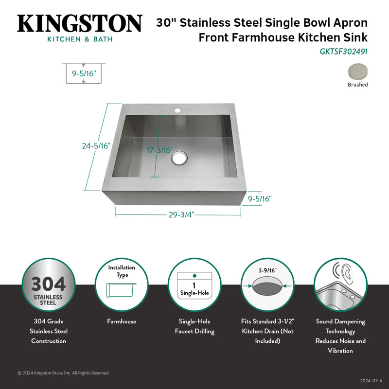 Kingston Brass Edinburg 30-Inch Stainless Steel Apron-Front Single Bowl Farmhouse Kitchen Sink, 1 hole