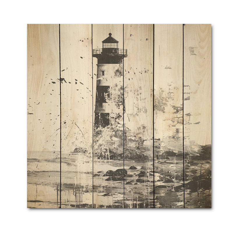 Mysterious Black And White Lighthouse - Coastal Wood Wall Art On Natural Pine Wood, 30" H x 30" W
