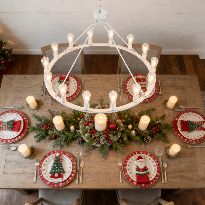 16 - Light 31 inch Dimmable Vintage Wagon Wheel Chandelier for Living Room, Foyer, Entryway, Distressed White