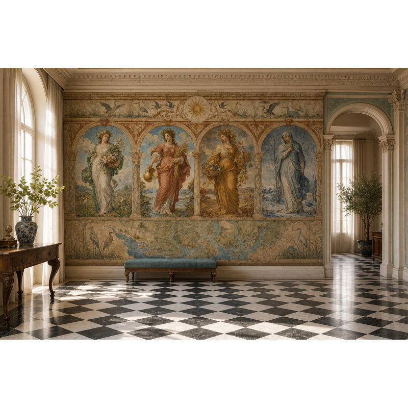 Papier peint mural classique à fresque représentant les quatre saisons et les niches cintrées., 160"x108"