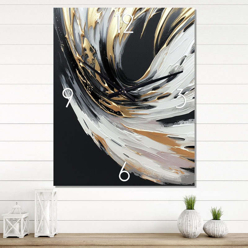 Golden River Wildness, abstrait or et noir I - Horloge murale peinture abstraite, Petit