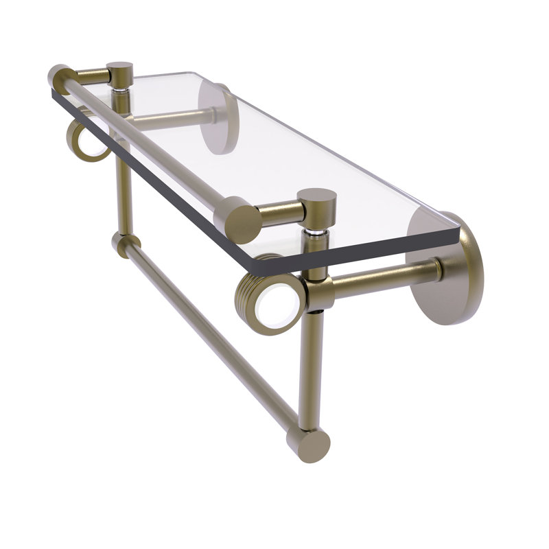 Margolis Glass Bracket Shelf with Towel Bar, 6.7" H x 16" W x 5.8" D, Antique Brass