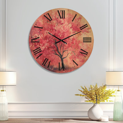 Grande horloge murale en bois imprimé cerisier en fleurs - arbre en fleurs rose