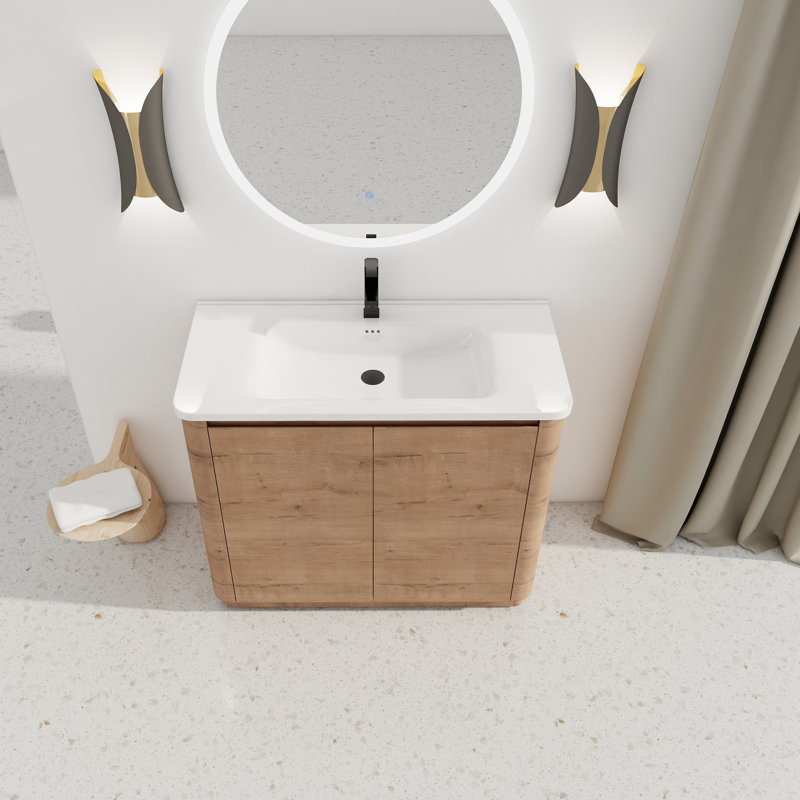 Meuble-lavabo autoportant contemporain avec lavabo en céramique blanche et 2 portes à fermeture douce, 40"