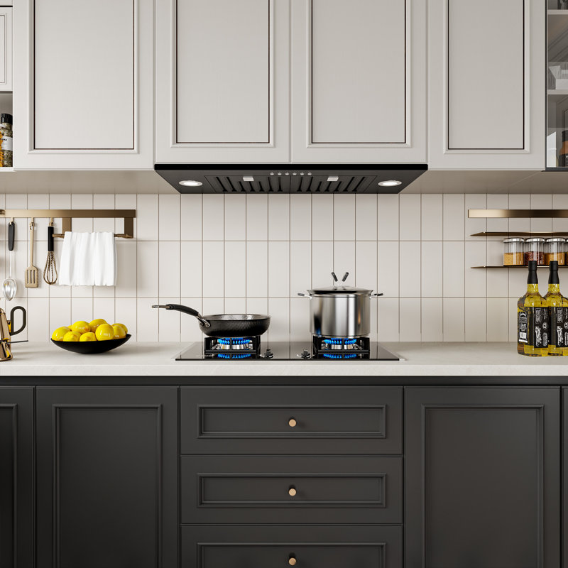 Hotte encastrable 30 pouces 900 CFM convertible à 4 vitesses en acier inoxydable noir avec bouton poussoir et lumières DEL
