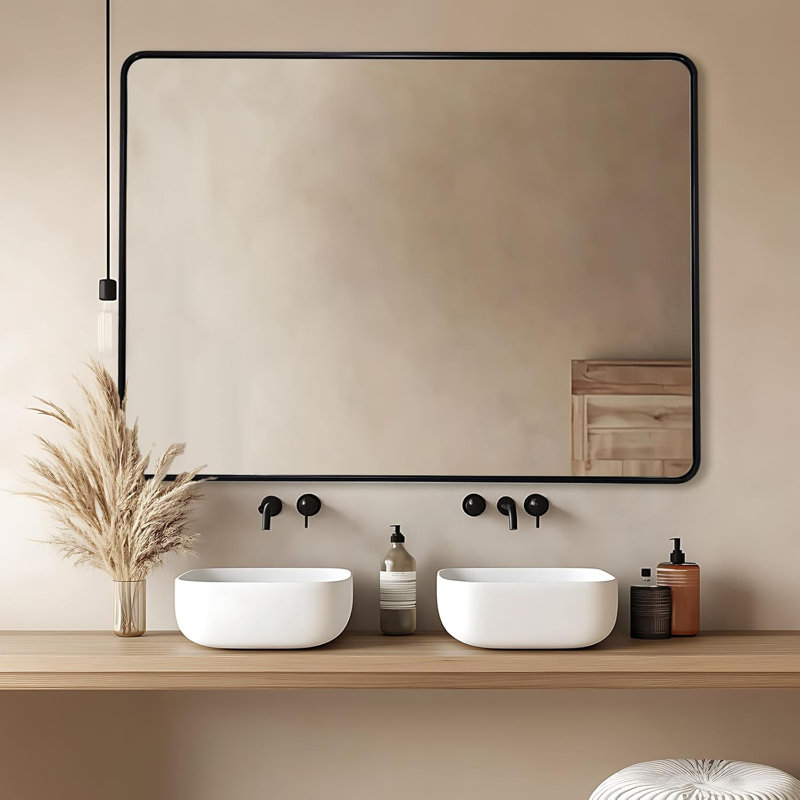 Miroir de salle de bain rectangulaire contemporain | Cadre épais en acier inoxydable, Noir mat, 48 po x 36 po