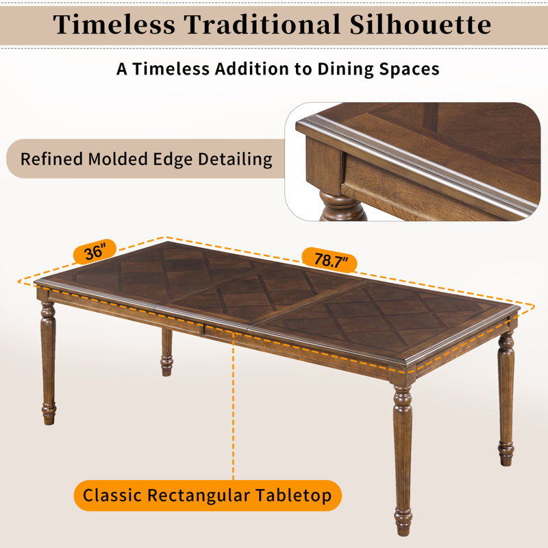 Table de salle à manger rectangulaire traditionnelle avec dessus en bois encadré et pieds tournés, Noyer