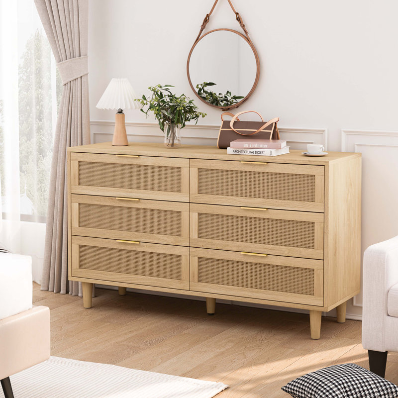 Commode à 6 tiroirs Ayanna, H 29,53 po x l 51,18 po x P 15,75 po, Naturel 2, Noir