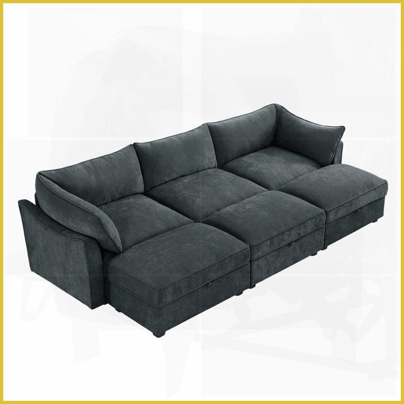 Canapé de salon moderne en chenille 3 places avec 3 repose-pieds - siège large et profond avec tiroirs de rangement sous le siège