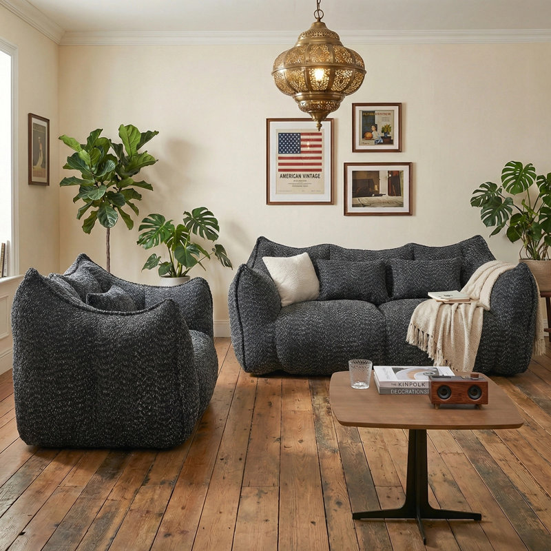 Compressed Sofa, Two-Seat Bean Bag Sofa With Pillows And Armrests For Bedroom Living Room, Black Fabric
