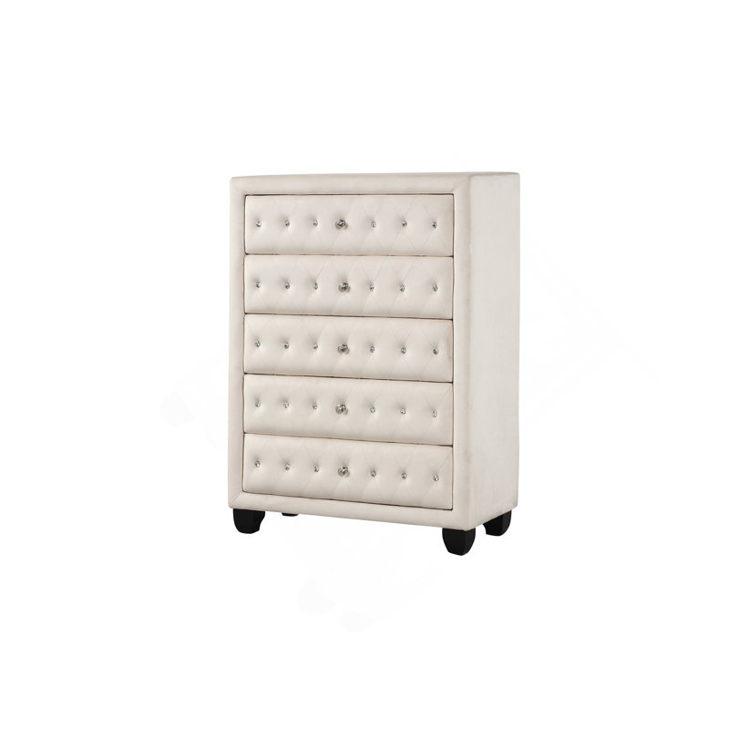 Commode capitonnée de style moderne avec 5 tiroirs et revêtement en velours
