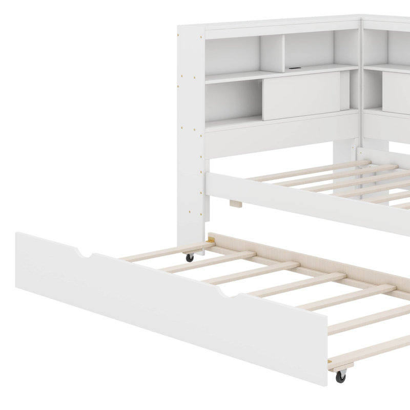 Lit de jour simple en bois avec tablettes, USB et lit gigogne, Blanc