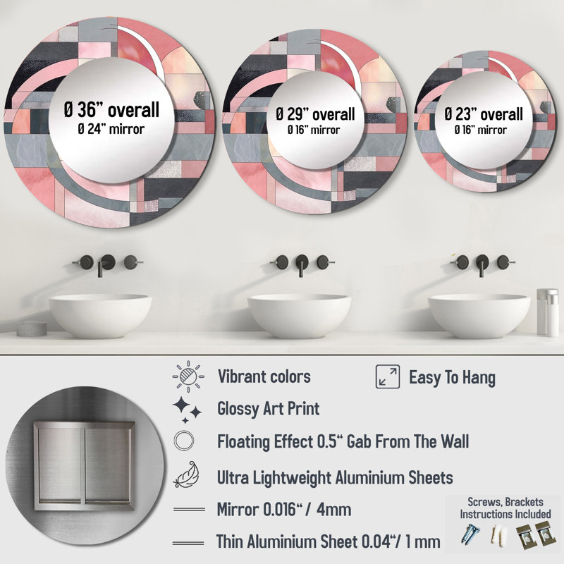 «Pink Transcendent Angles I», miroir décoratif de formes abstraites, miroir mural rond moderne, impression d'art en métal
