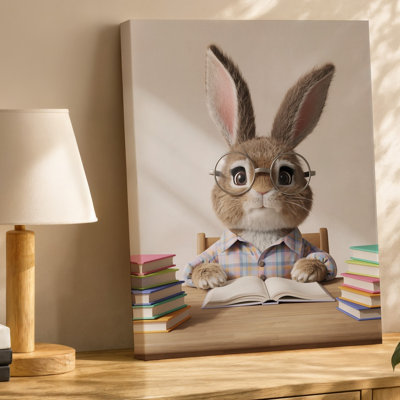 Canvas A Cute Anthropomorphic Bunny Character Sits At A Wooden Table Wall Art Surrounded By A Stack Of Colorful Books With An Open Canvas Wall Art
