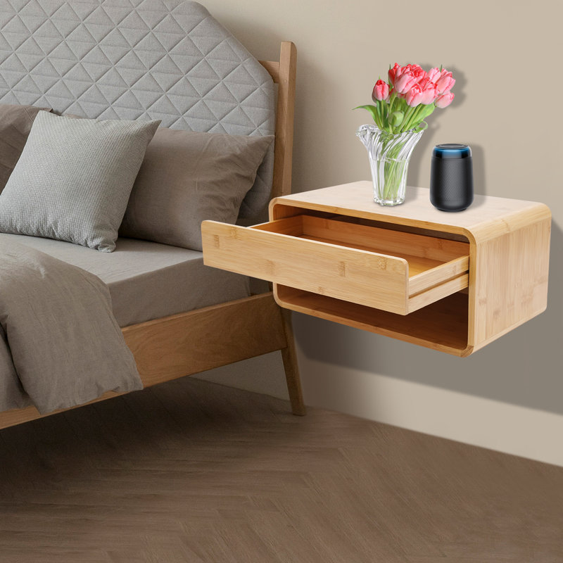 Bamboo Wall-Mounted Nightstand, Bedside Cabinet With Drawer, Wall-Mounted Nightstand