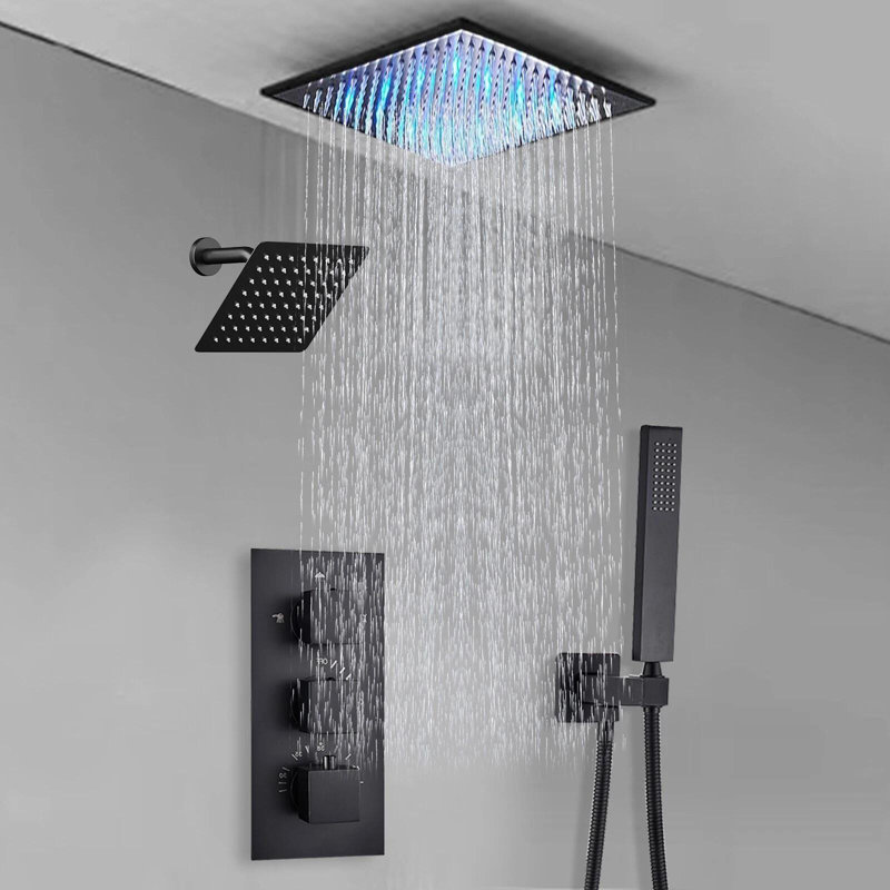 Thermostatic Shower System 12" LED Shower Faucet Set 6" Shower Head Combo Black